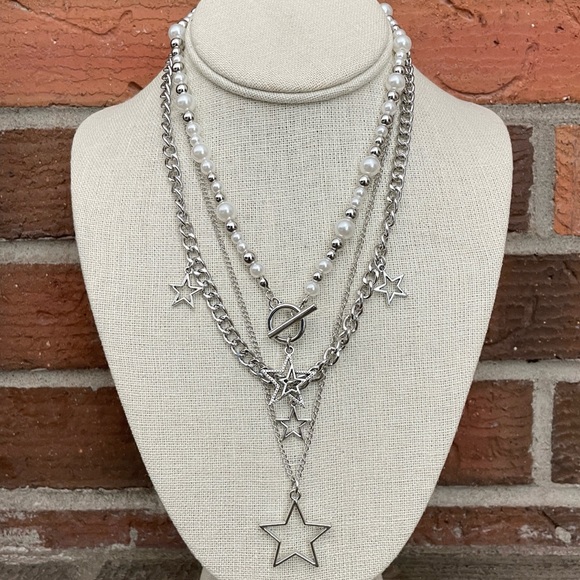 Red Saguaro Trading Post Jewelry - Layered Star Necklace Set with White Faux Pearl & Silver Beads